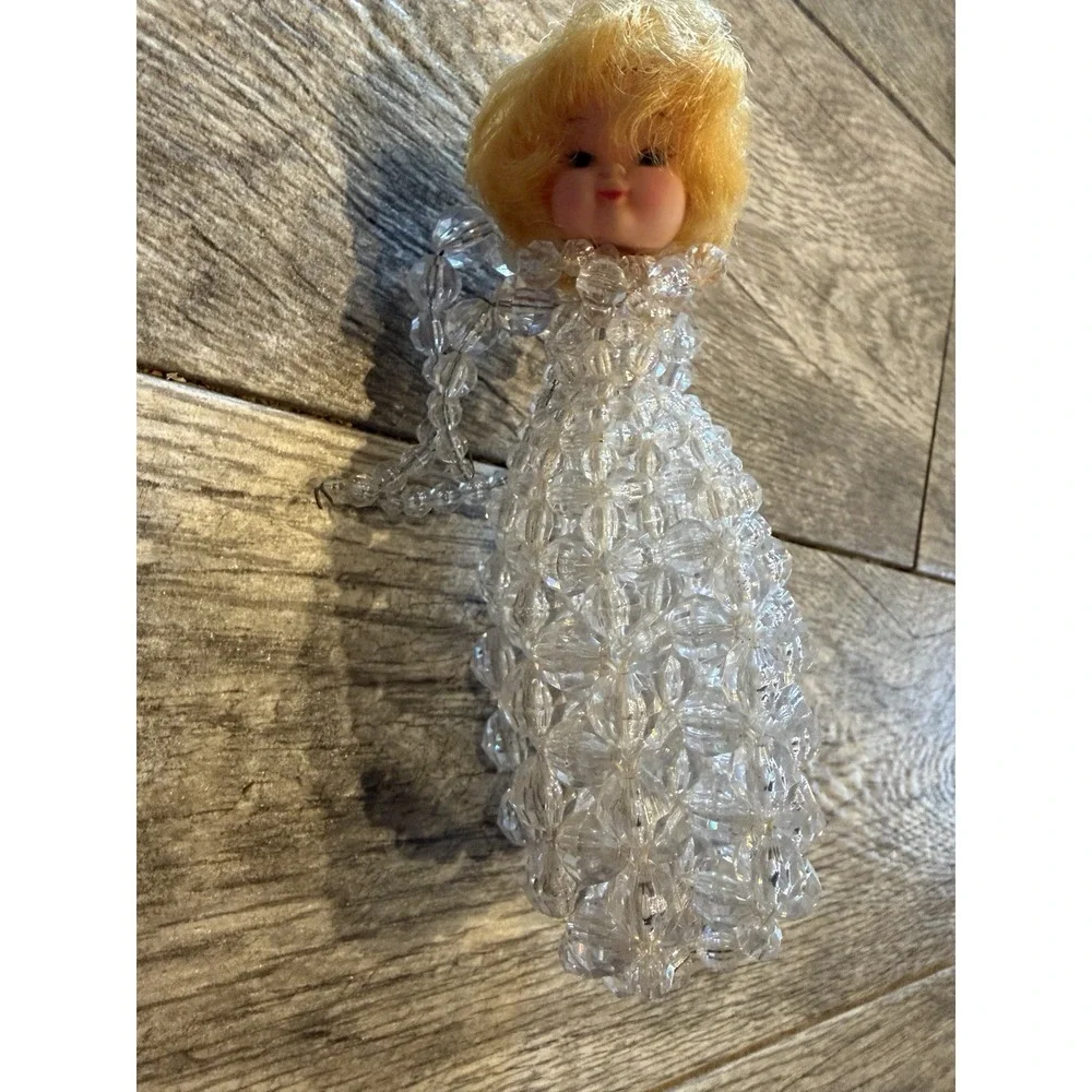 Angel Figurine Ornament‎ Small Clear Beaded Blonde Vintage Handmade Christmas